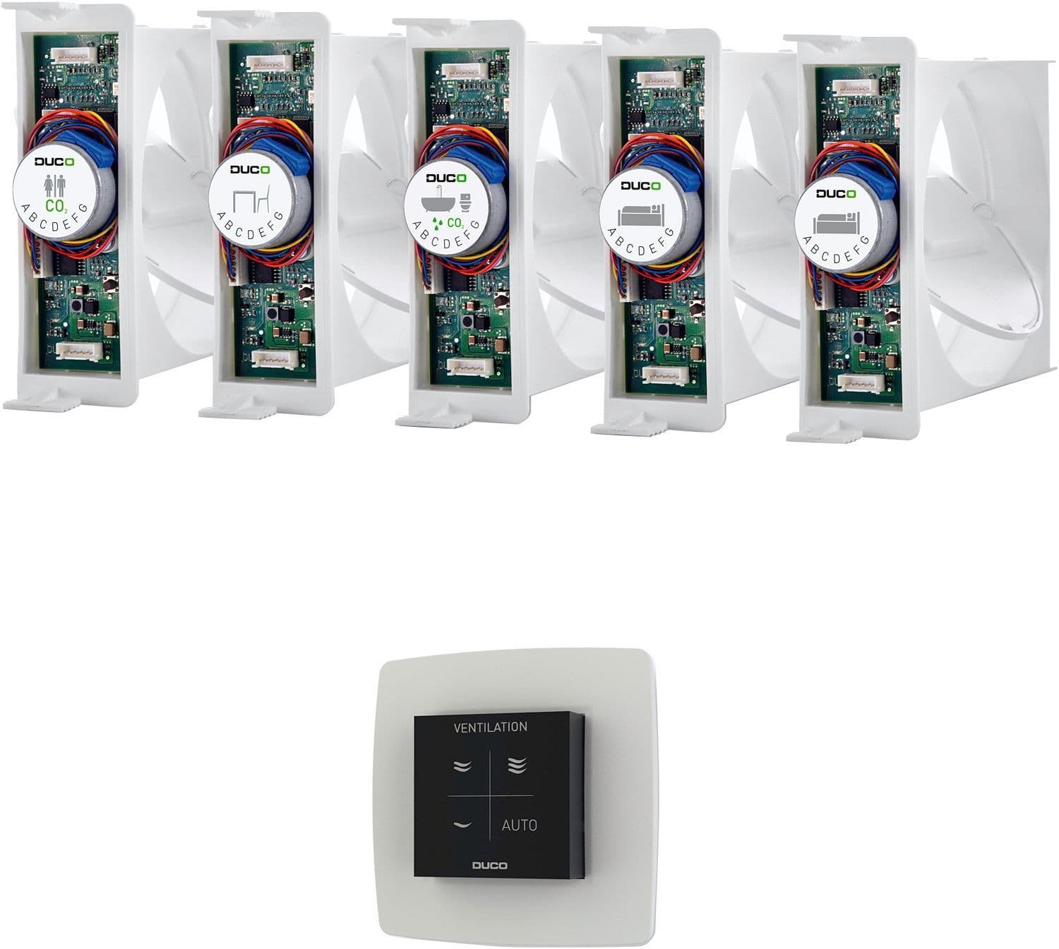 Basispakket voor DucoBox Focus + afvoer in slaapkamer zwart/wit